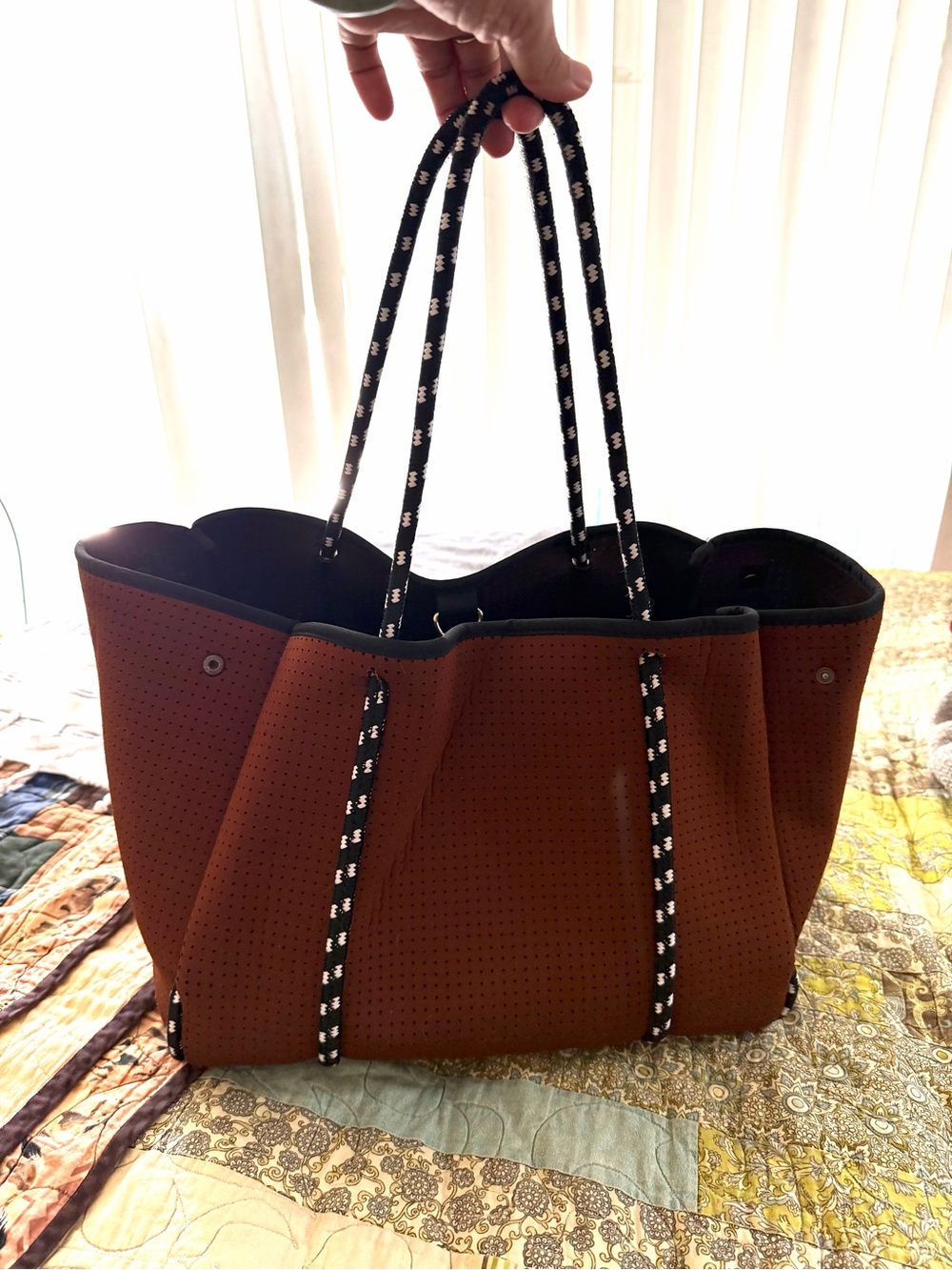 Popups Brand - Chocolate Brown Neoprene Tote with Contrast Black Rope Handle